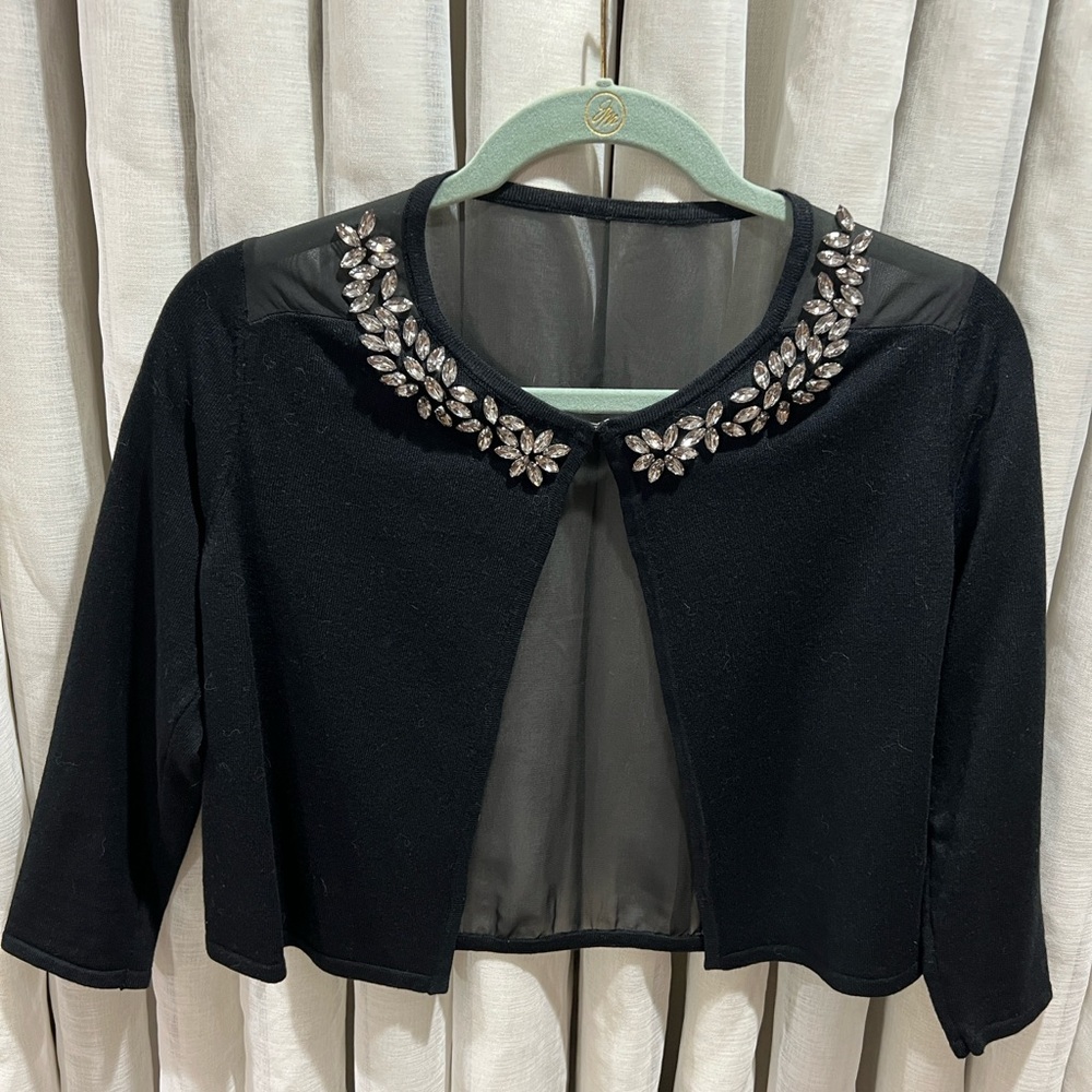NY&Co Black Cropped Cardigan Rhinestone Collar Sheer Back, Size M